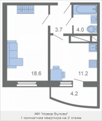 Однокомнатная квартира 38.4 м²