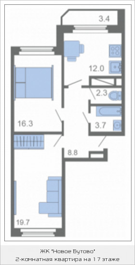 Двухкомнатная квартира 63.3 м²