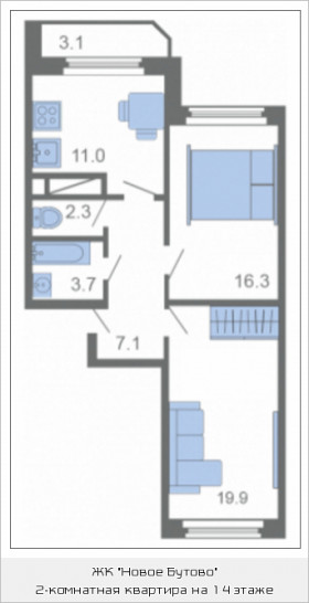 Двухкомнатная квартира 61.7 м²